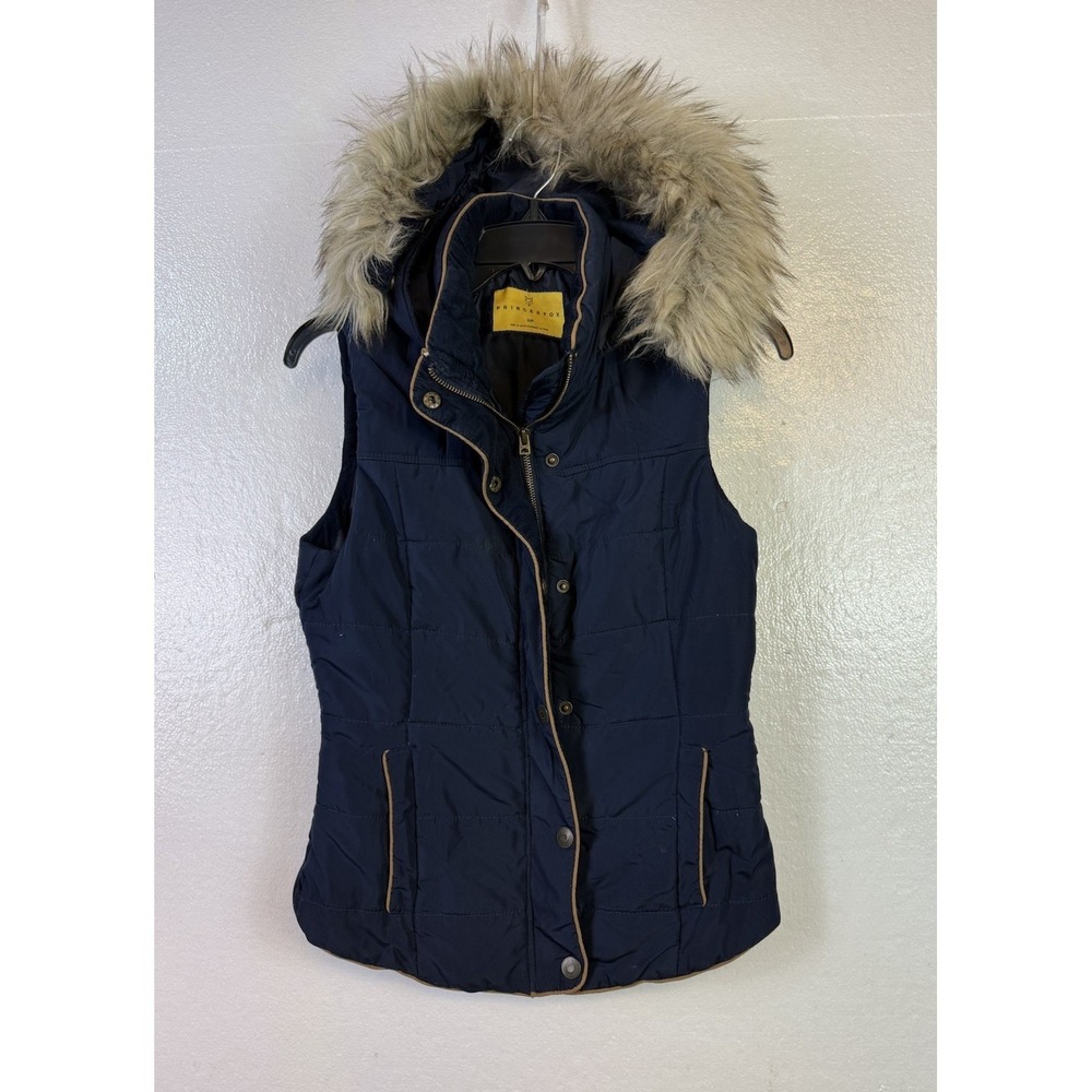 Prince & Fox Womens Quilted Vest Sz SP Blue Faux Fur Trim Hood Sleeveless Puffer